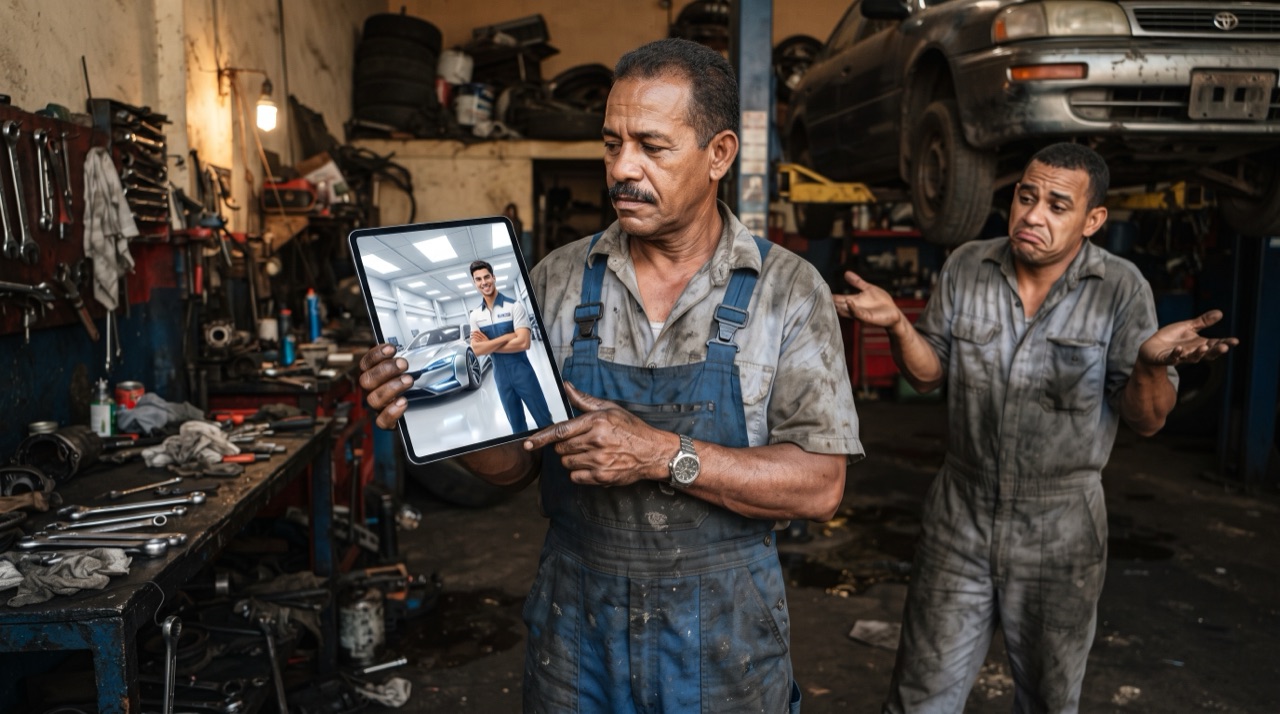 Dueño de taller mecánico comparando su taller real con una imagen artificial y perfecta generada para su anuncio