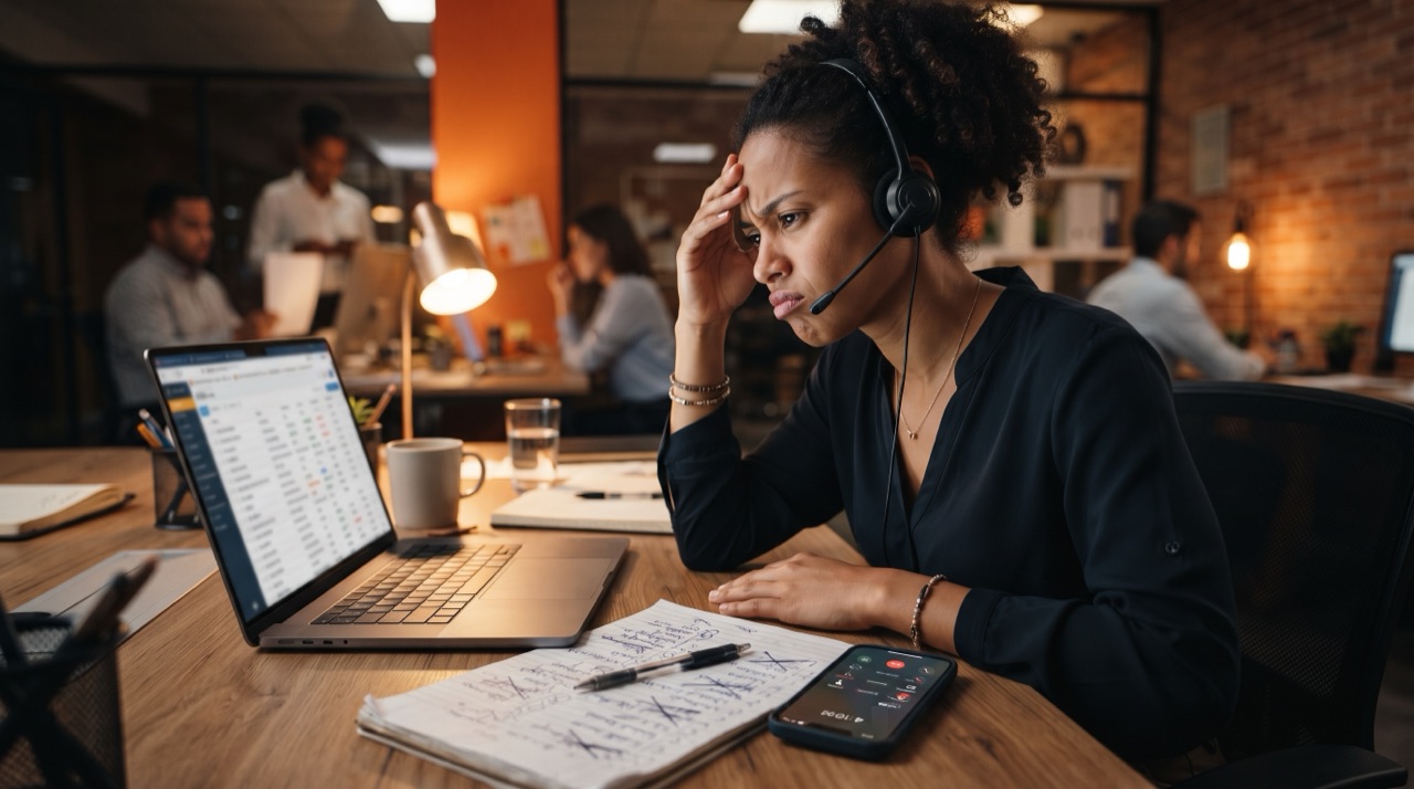 Vendedora frustrada con una lista de leads en el CRM y llamadas sin contestar