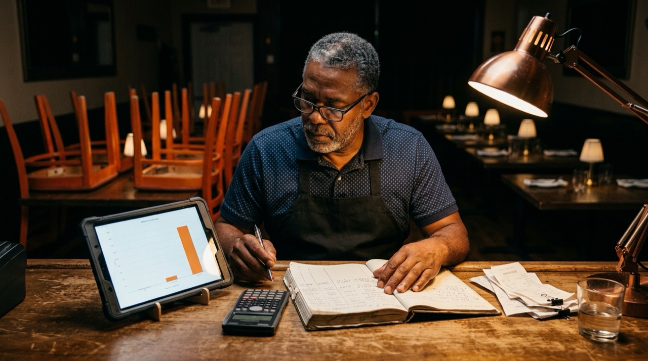 Dueño de restaurante comparando el reporte de ventas de Meta con su libreta de caja