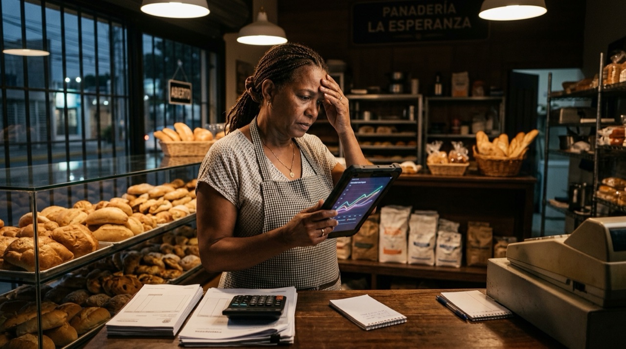 Dueña de una panadería revisando en la tableta un gráfico donde el costo de sus anuncios sube semana tras semana