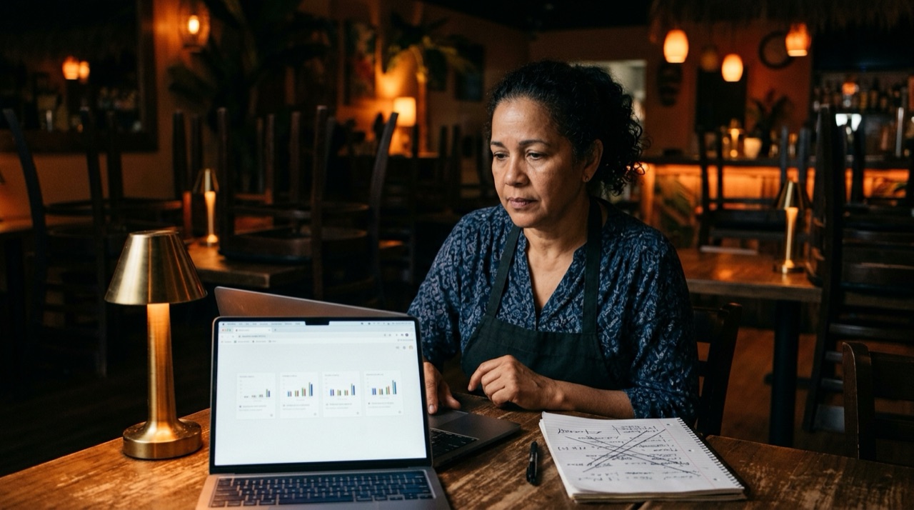 Dueña de restaurante comparando cuatro anuncios con resultados casi iguales en su laptop