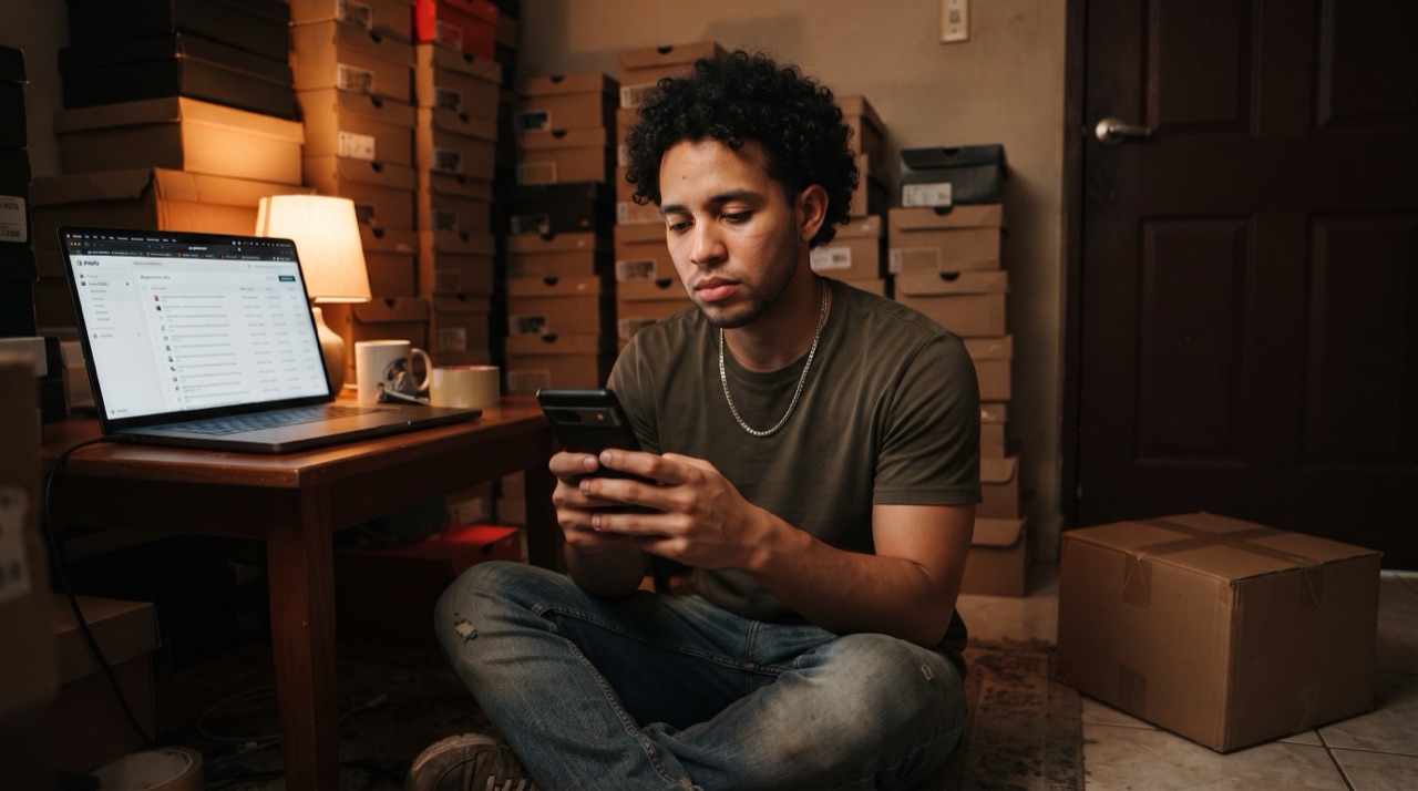 Joven emprendedor que vende tenis por internet viendo el mismo anuncio repetido en su celular