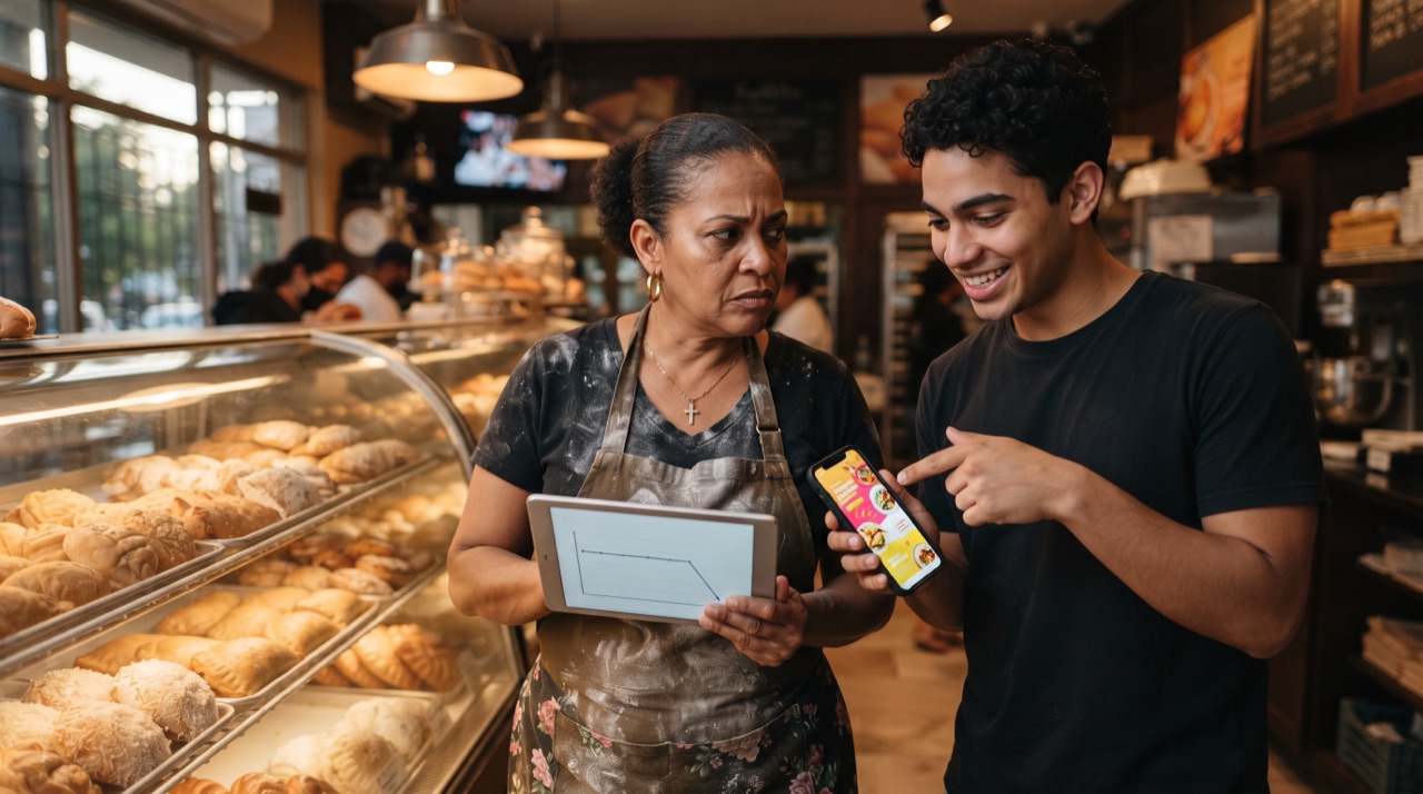 Dueña de una panadería mirando en una tableta cómo cayeron sus anuncios mientras le muestran otro anuncio nuevo