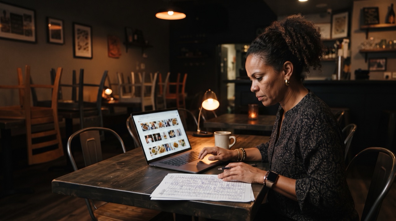 Dueña de restaurante revisando una docena de anuncios en su laptop sin saber cuál le hace perder dinero