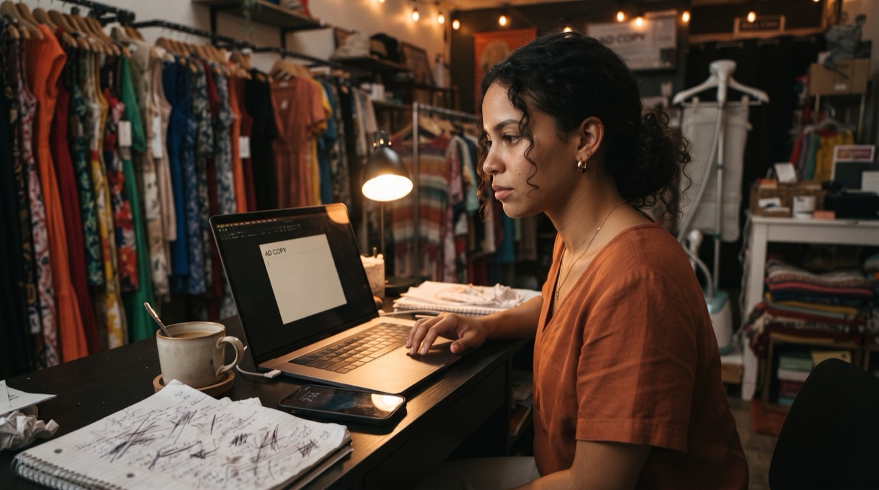 Dueña de boutique frente a la laptop sin saber qué escribir en su anuncio