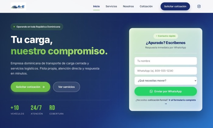 Sitio web de AYE Transporte (Logística) diseñado por Signage RD